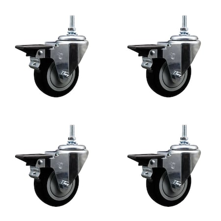 Service Caster 35 Inch Black Polyurethane 38 Inch Threaded Stem Caster Set with Brake SCC-TS20S3514-PPUB-BLK-PLB-381615-4
